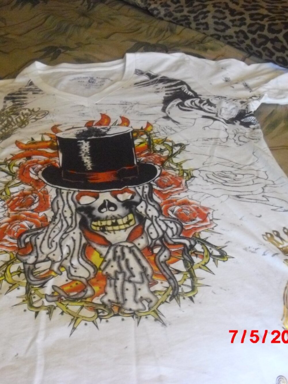 Christian  Audigier T Shirt with Gold and Red, Men's Small, Rhinestones/ Thorns